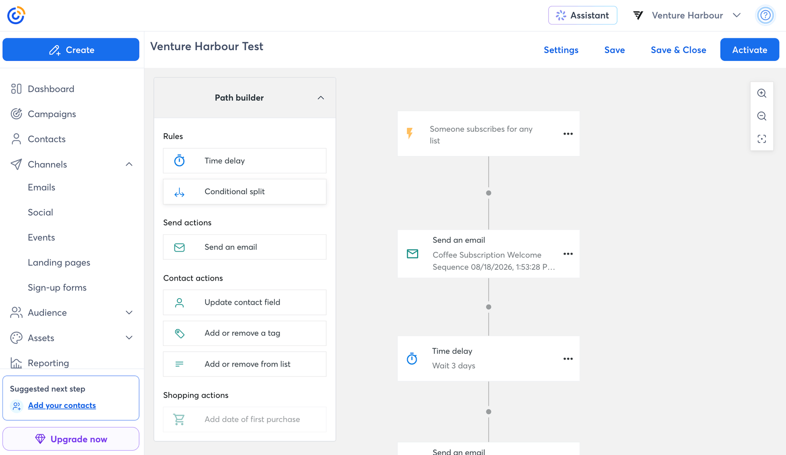 Constant Contact's automation path builder showing a subscription trigger, welcome email and three-day delay.