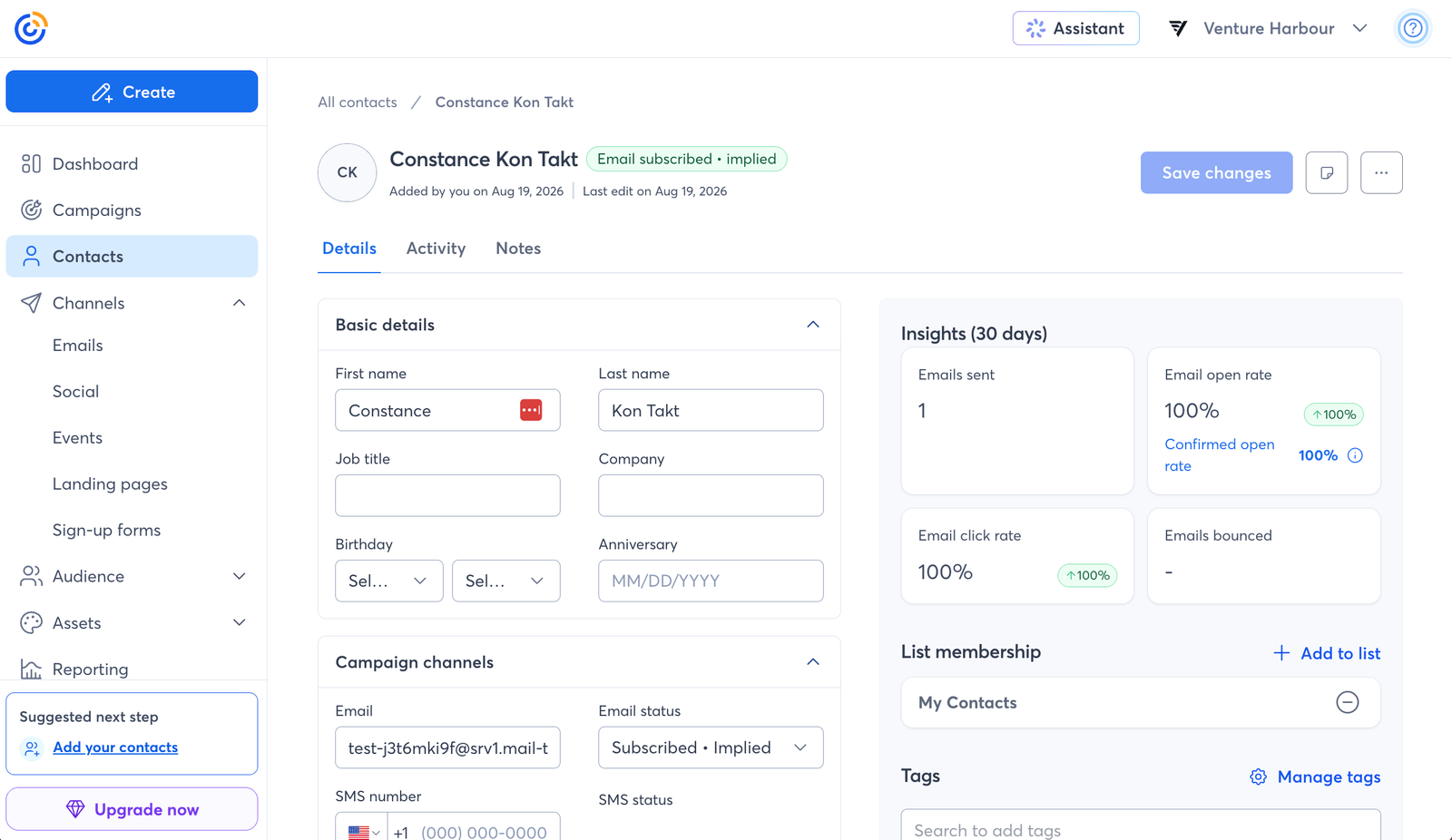 A Constant Contact contact record showing subscription status, campaign activity, list membership and editable contact fields.