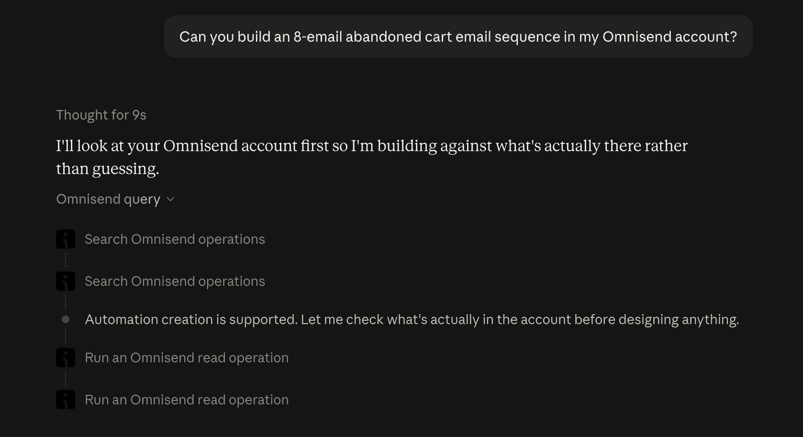 Claude checking an Omnisend account before building an eight-email abandoned cart sequence