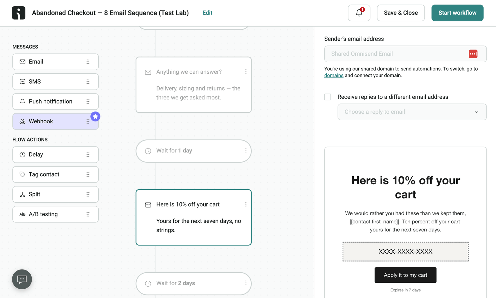The Omnisend workflow editor showing the drafted abandoned cart sequence and its 10% discount email