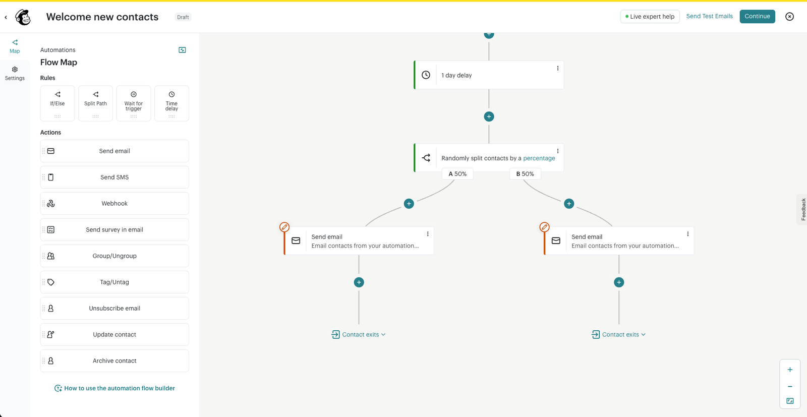 Mailchimp's automation flow builder showing a one-day delay, a random split path and two email branches.