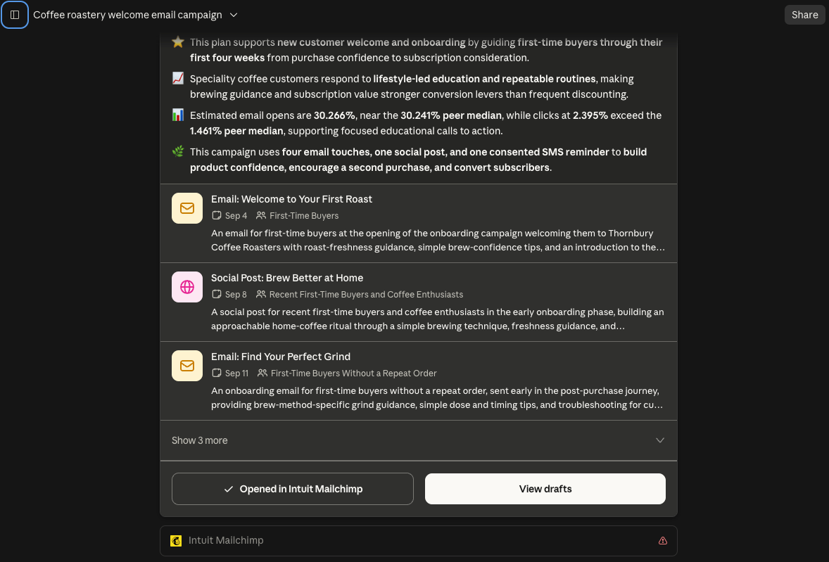 Mailchimp's Claude connector output showing a coffee roastery welcome campaign plan opened in Intuit Mailchimp.