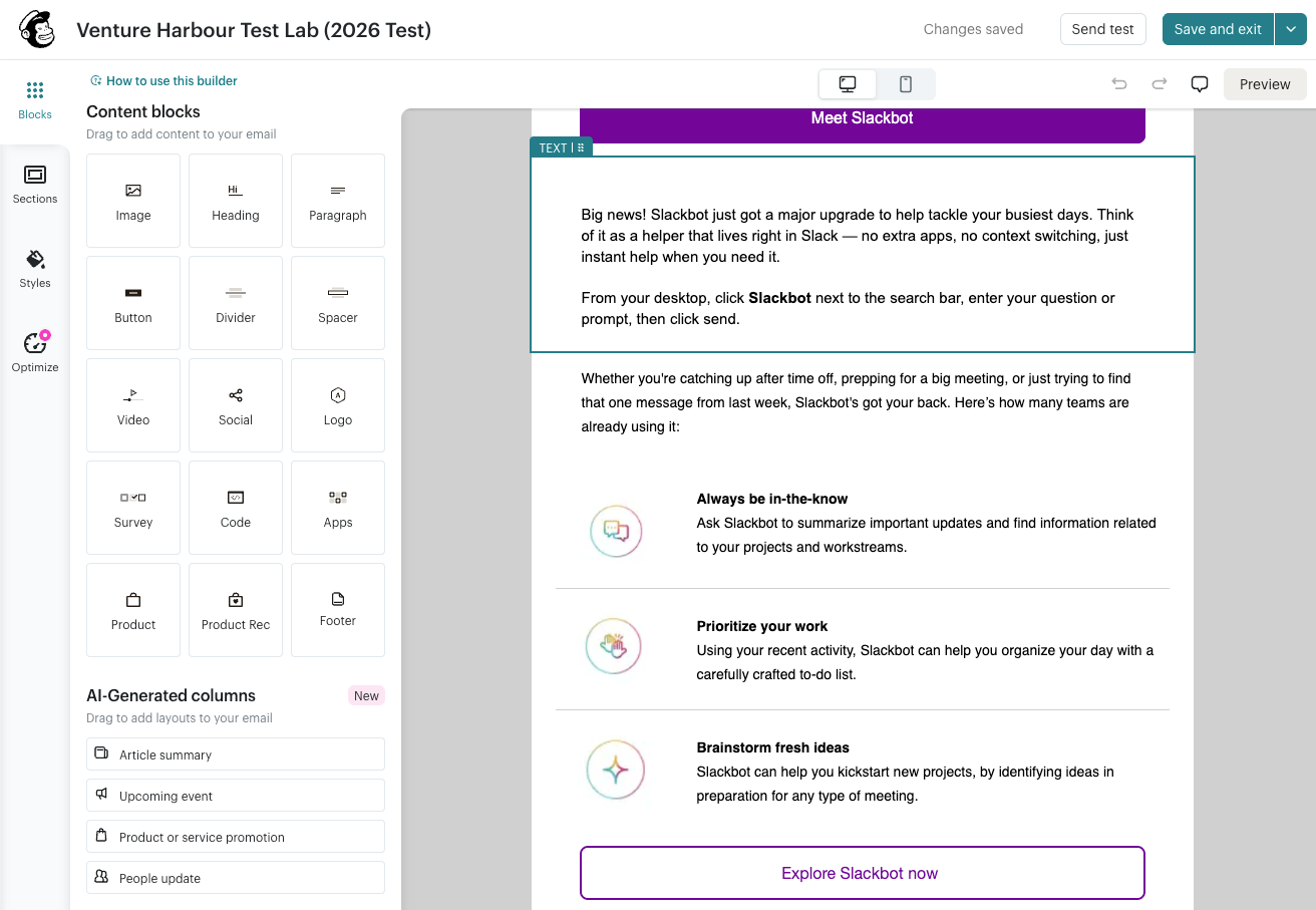 Mailchimp's email builder showing a rebuilt email campaign with content blocks and the selected text panel.