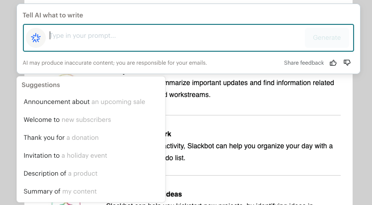 Mailchimp's Intuit Assist prompt box offering suggested email content prompts above a campaign preview.