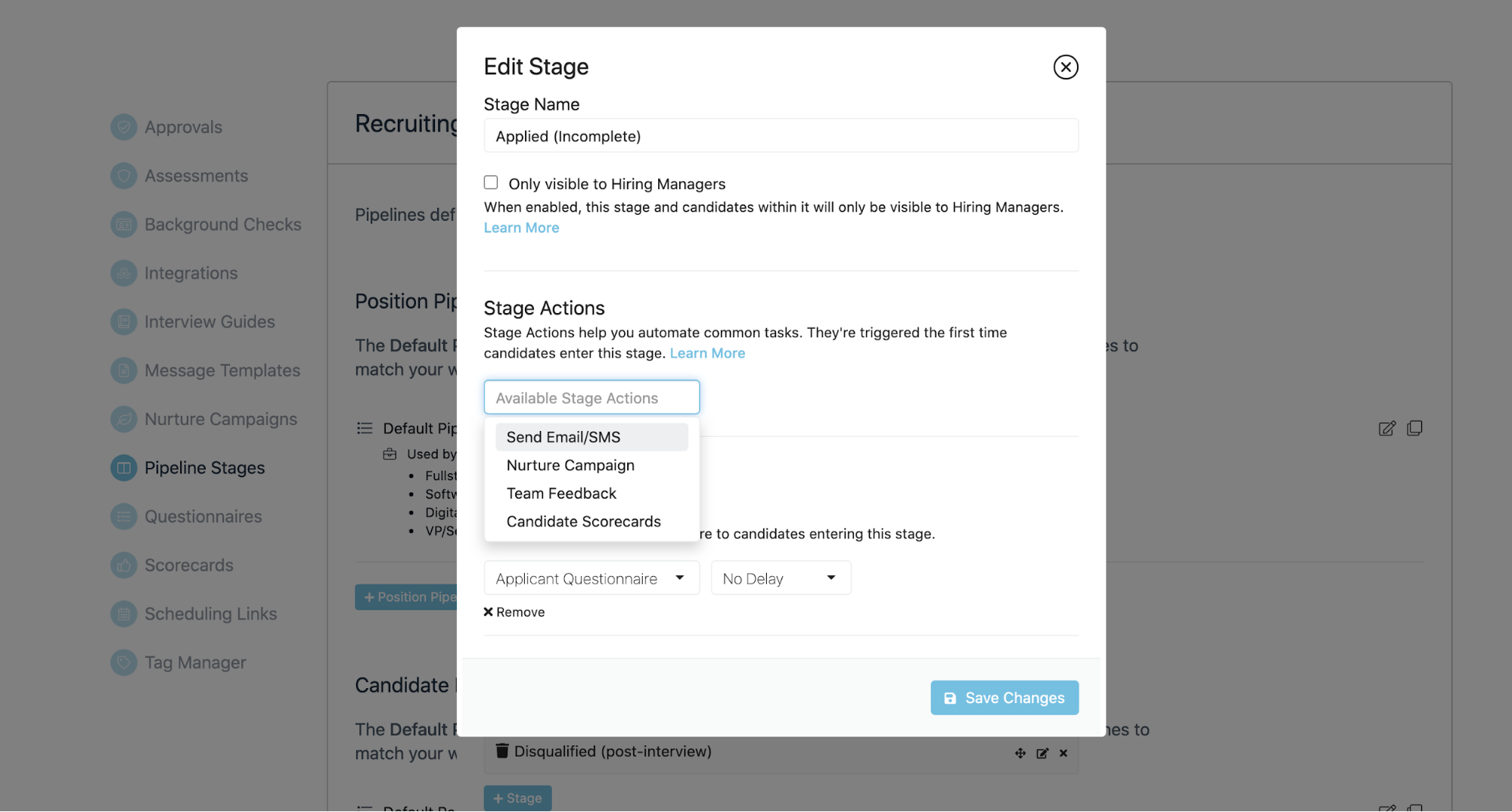 Breezy HR editing candidate pipeline showing stage actions options.