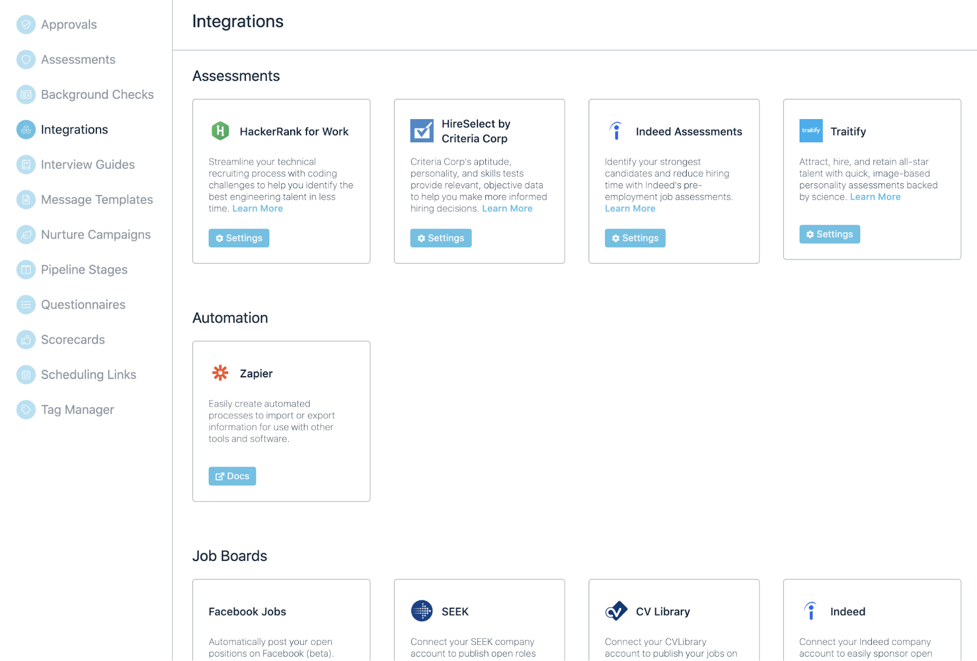Breezy HR integrations section showing various assessment tools and job boards.