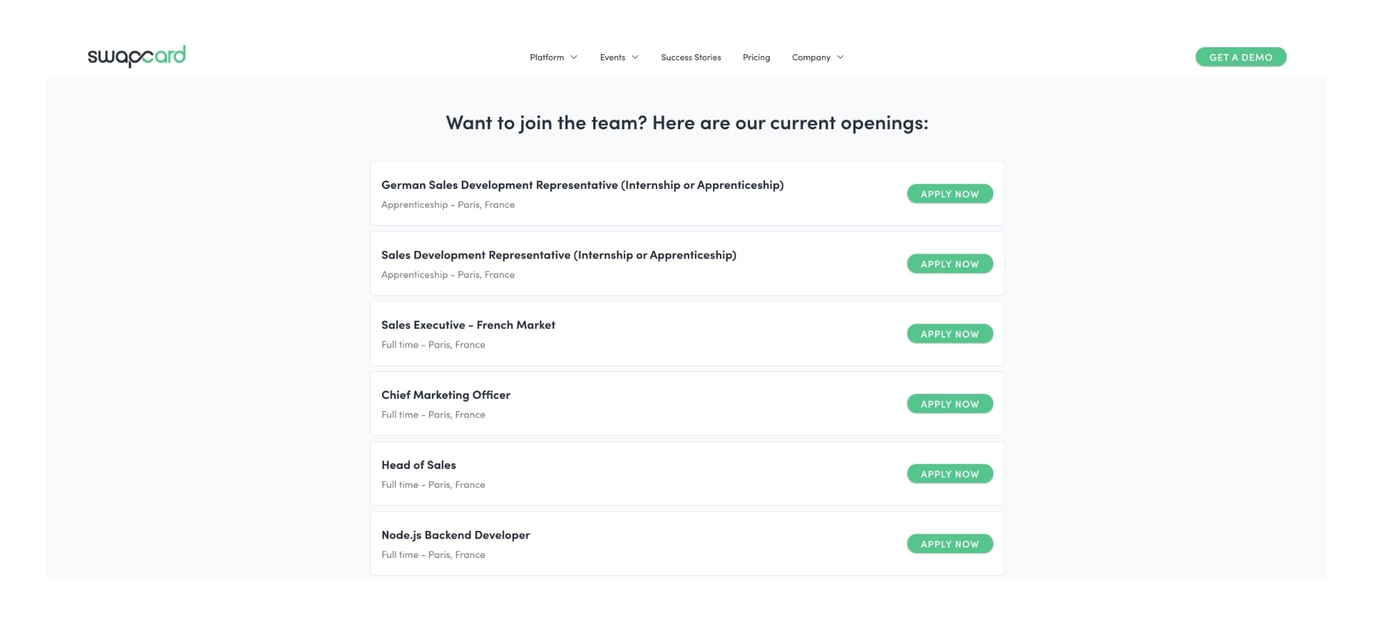 Swogo's careers page displaying current job openings.