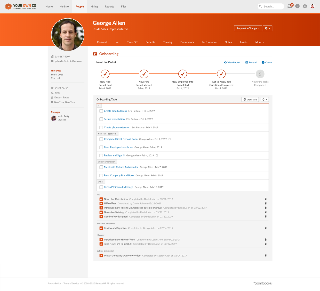 BambooHR onboarding dashboard displaying tasks and progress.