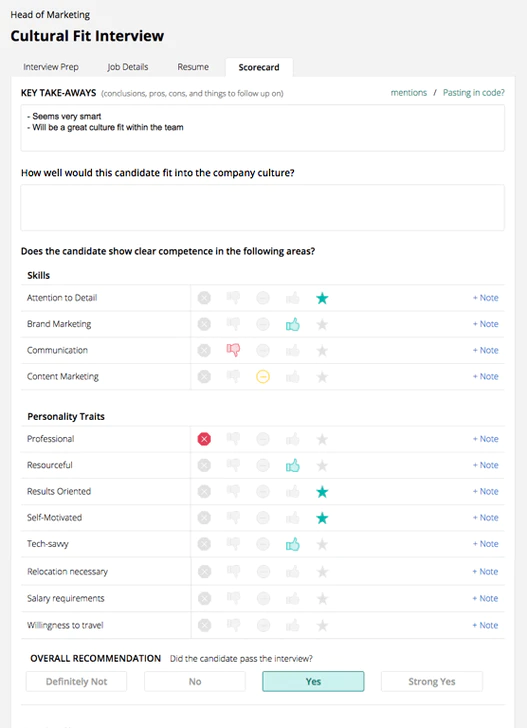 SoftwareAdvice.com interface showing a candidate scorecard for the cultural fit interview.