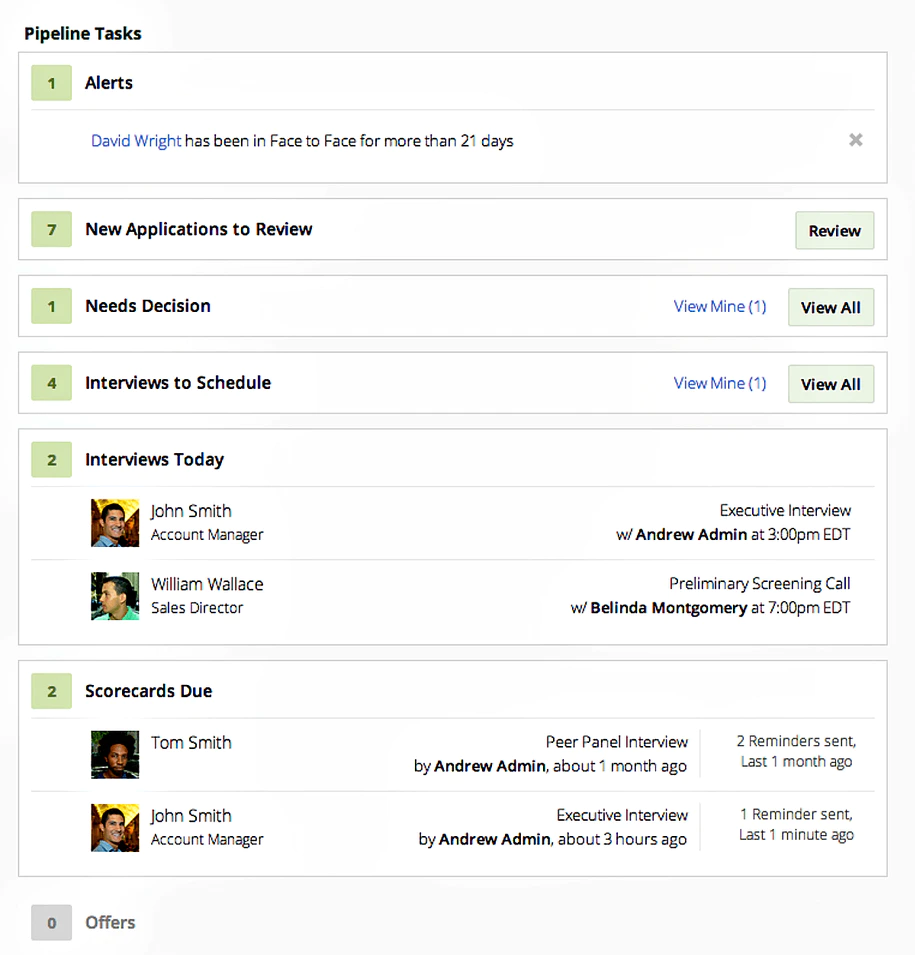 Greenhouse applicant tracking system showing candidate pipeline tasks.