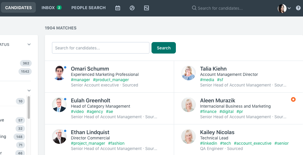 Workable candidates search interface displaying candidate matches and their details.