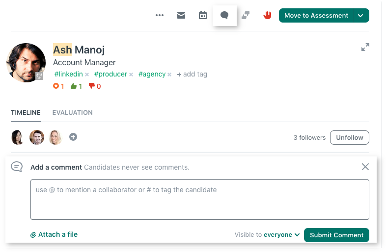 Workable candidate evaluation showing Ash Manoj's profile and assessment tools.
