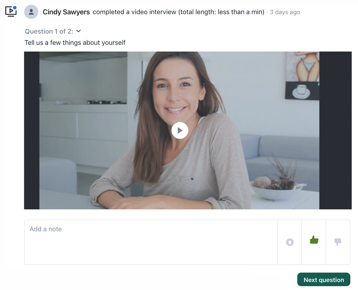 Cindy Sawyers completing a video interview answering personal questions.