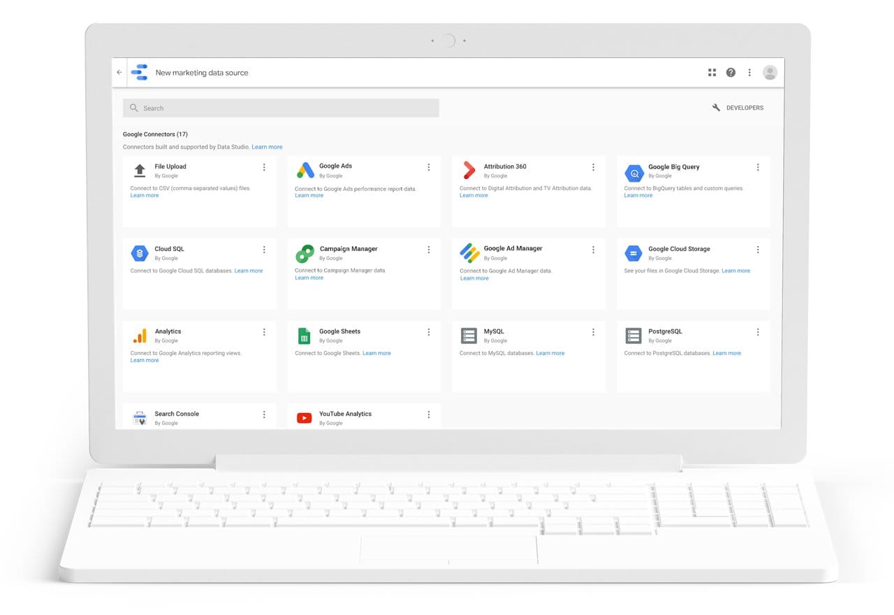 Google Data Studio showing various marketing data source integrations.