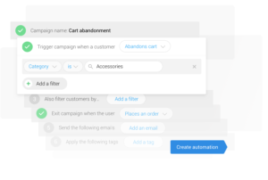 Process automation flow showing cart abandonment campaign setup.