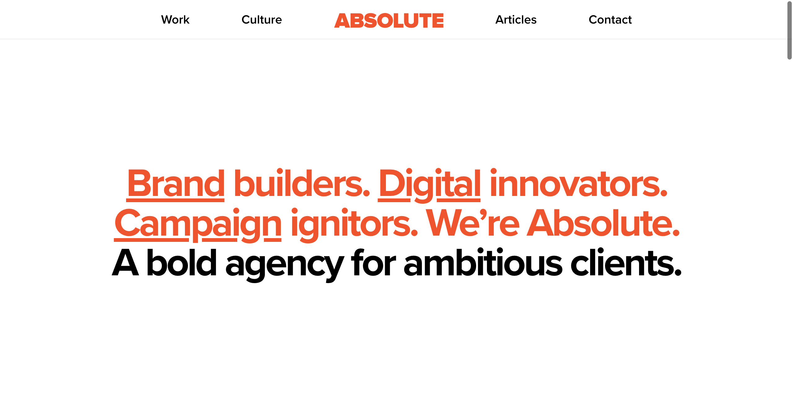 Absolute website homepage showcasing branding and digital campaign messaging.