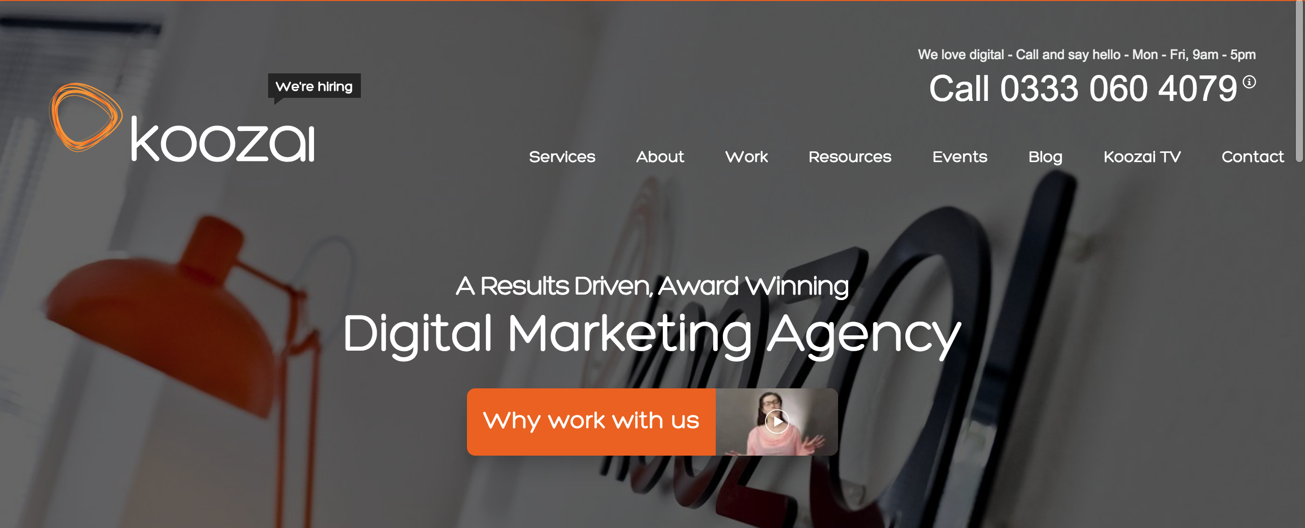 Koozai homepage showcasing digital marketing services and brand identity.