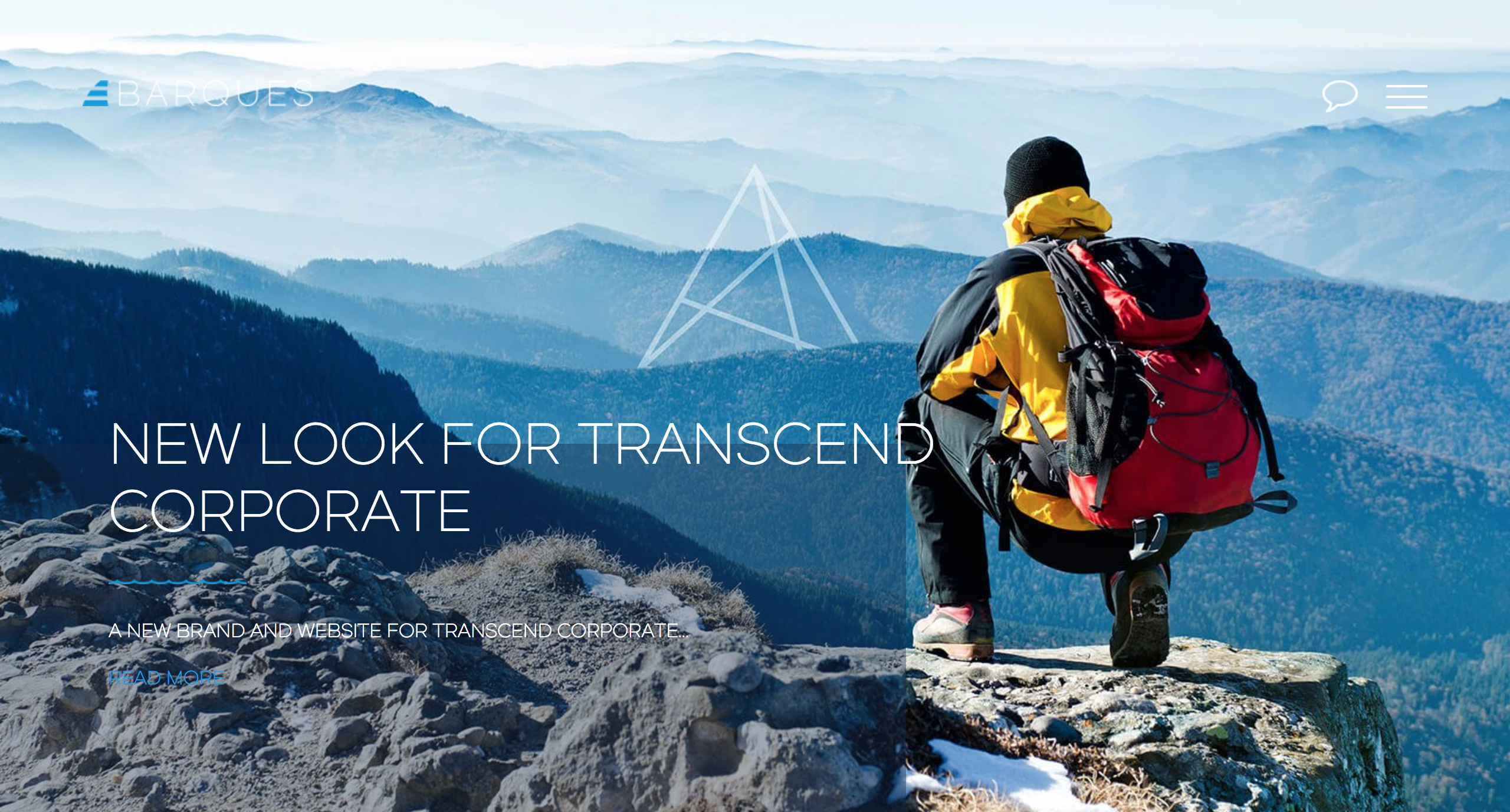 Mountain view with a person in a yellow jacket overlooking the landscape, promoting Barques’ new corporate branding.