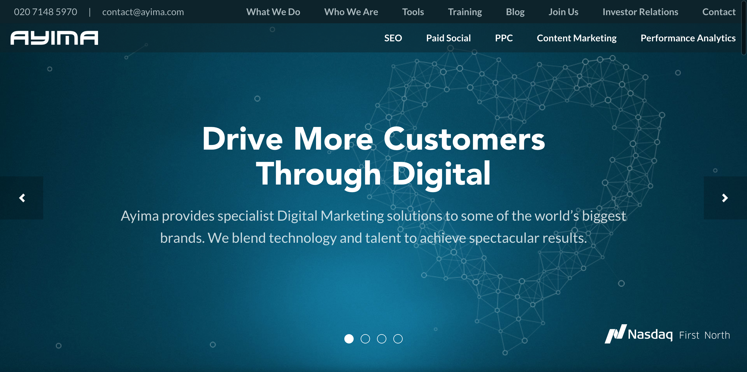 Ayima homepage showing digital marketing solutions and branding.