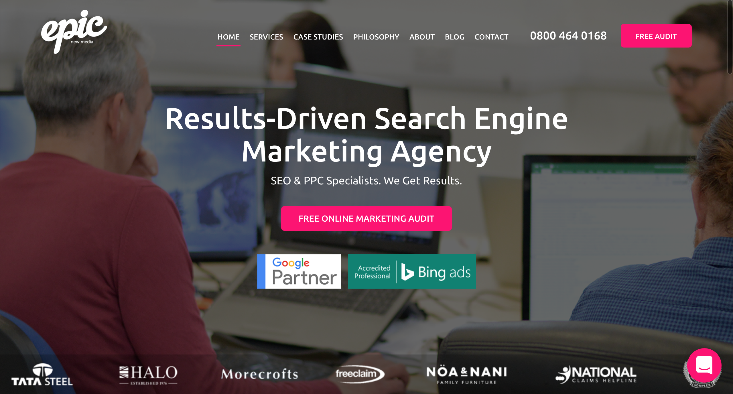 Epic New Media website showcasing their services and certifications.