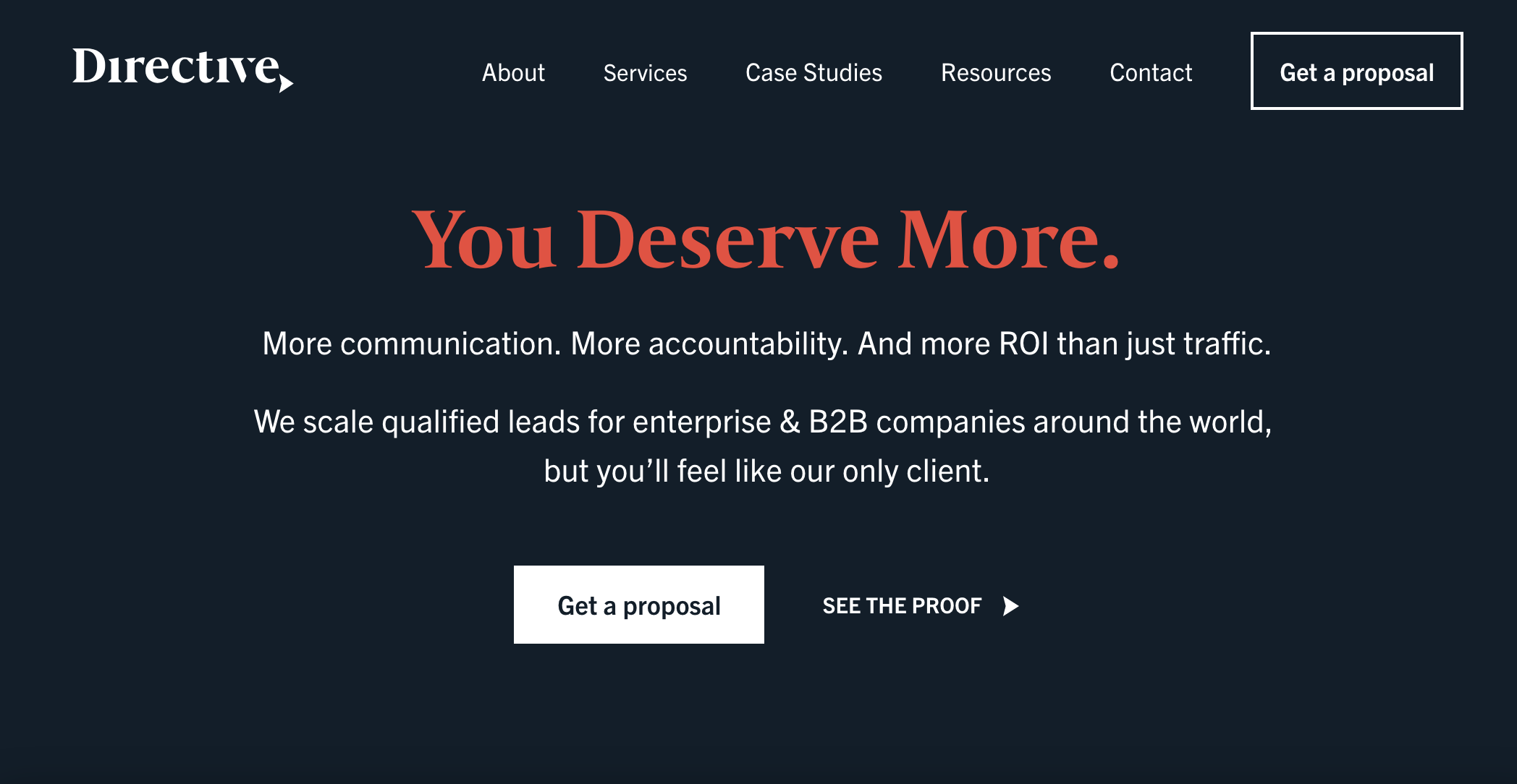 Directive website showcasing their messaging and call-to-action for proposals.