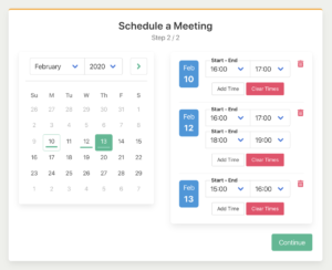 Ings scheduling interface showing a calendar and available time slots.
