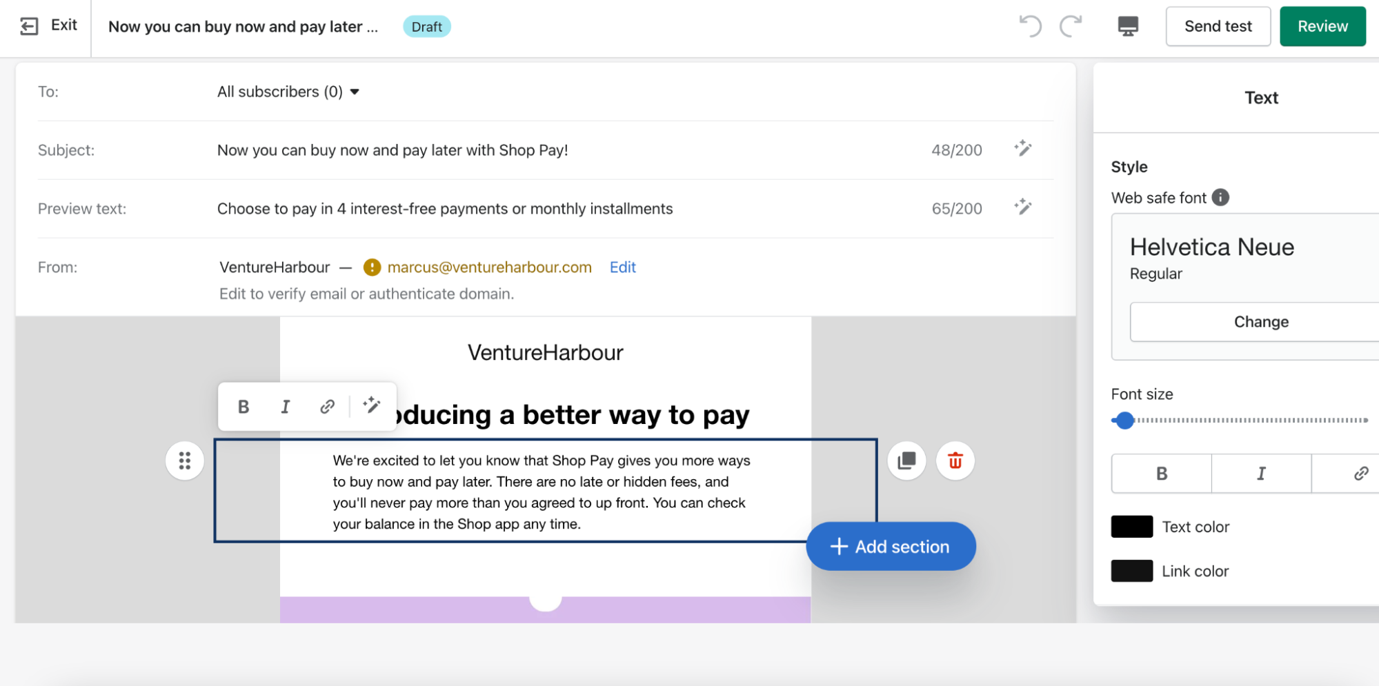 An email campaign in Shopify