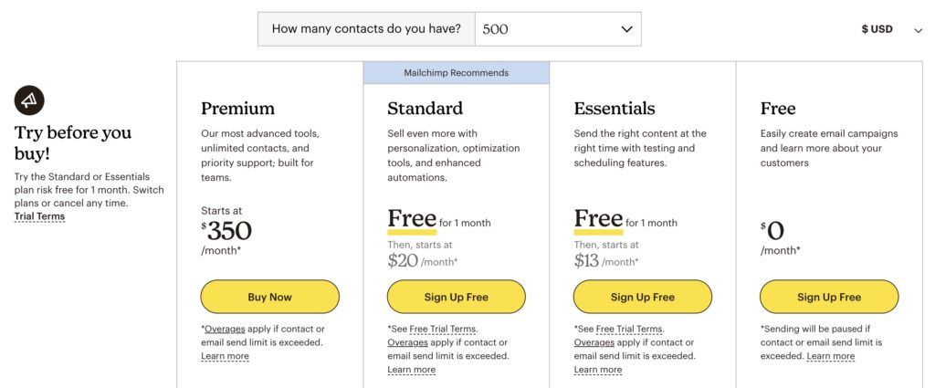 mailchimp pricing webflow email marketing