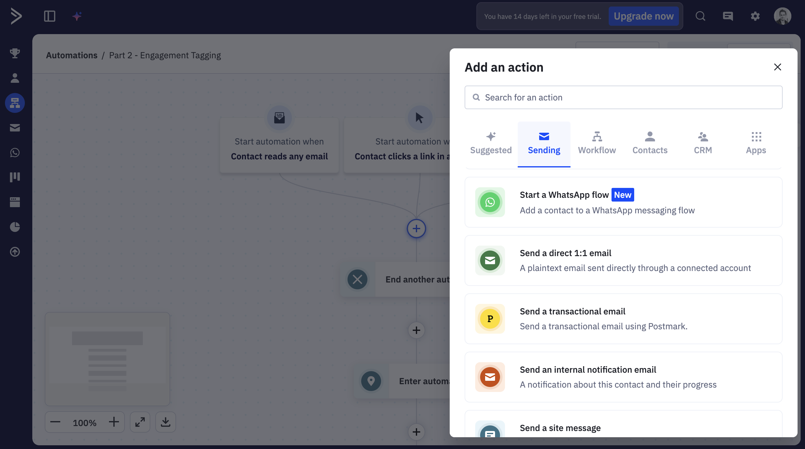 ActiveCampaign automation actions panel showing available triggers, conditions, and split-testing options