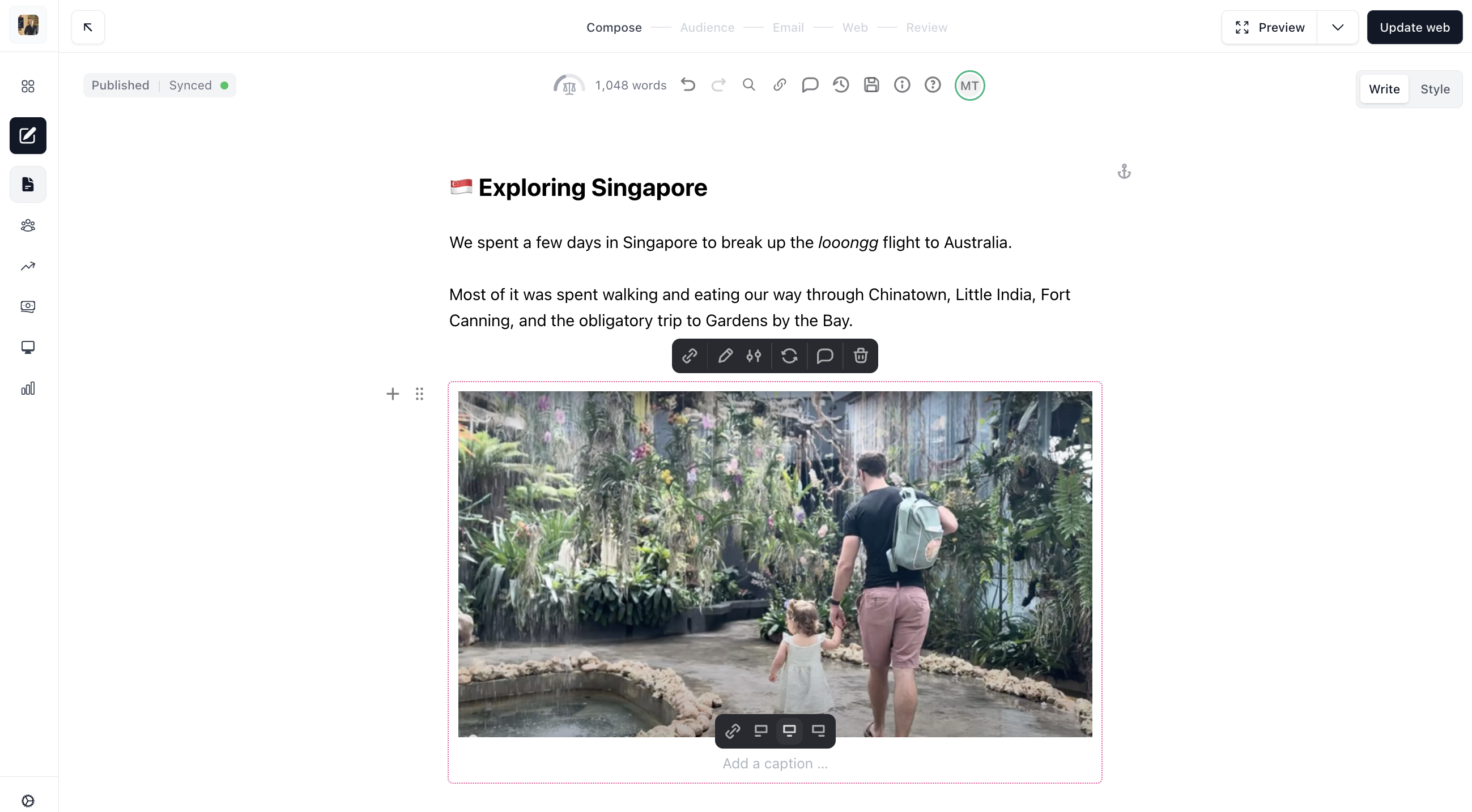Beehiiv's newsletter composer showing the clean, distraction-free writing interface with formatting tools and preview