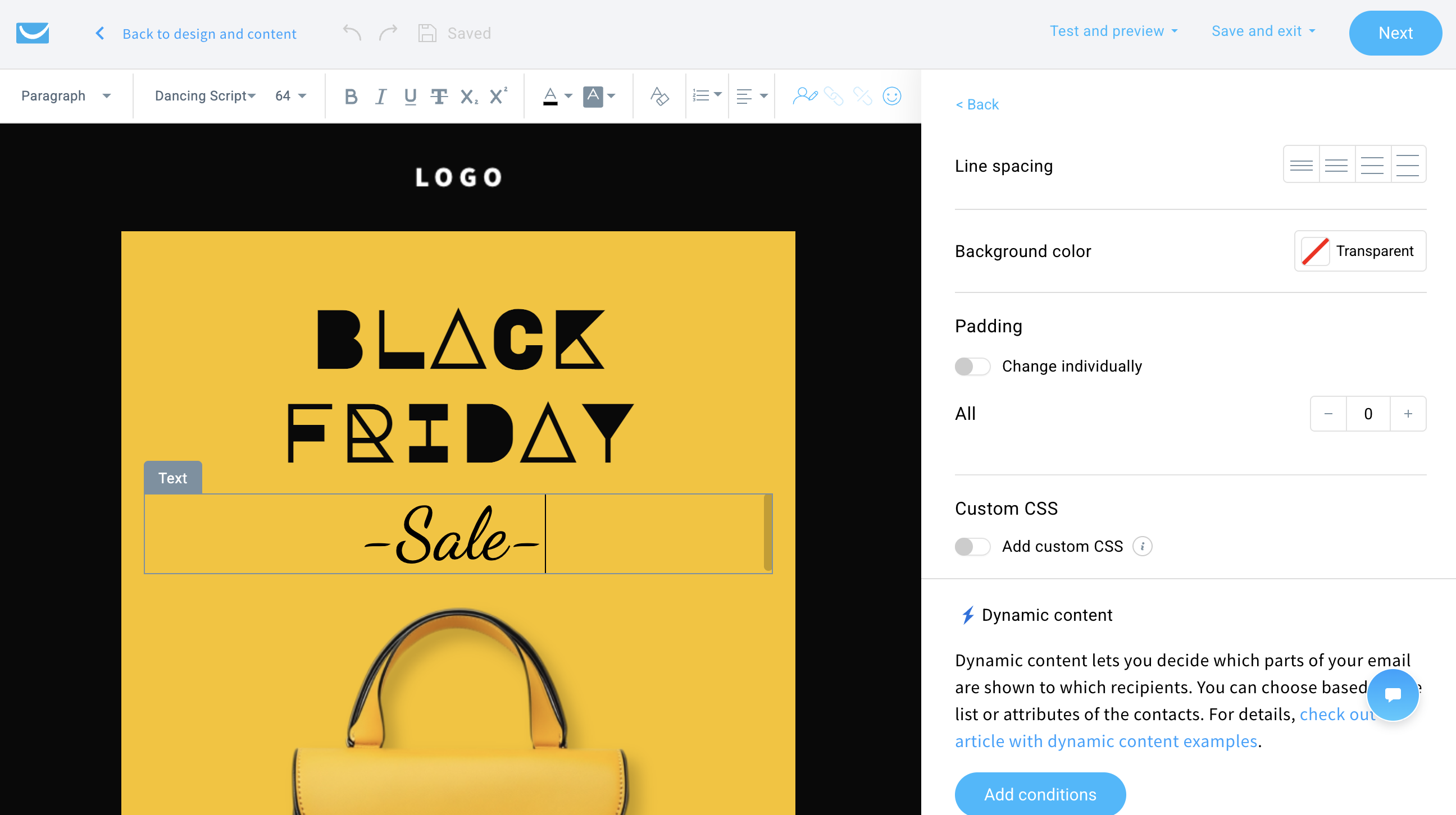 GetResponse's email designer interface showing template editing with drag-and-drop content blocks
