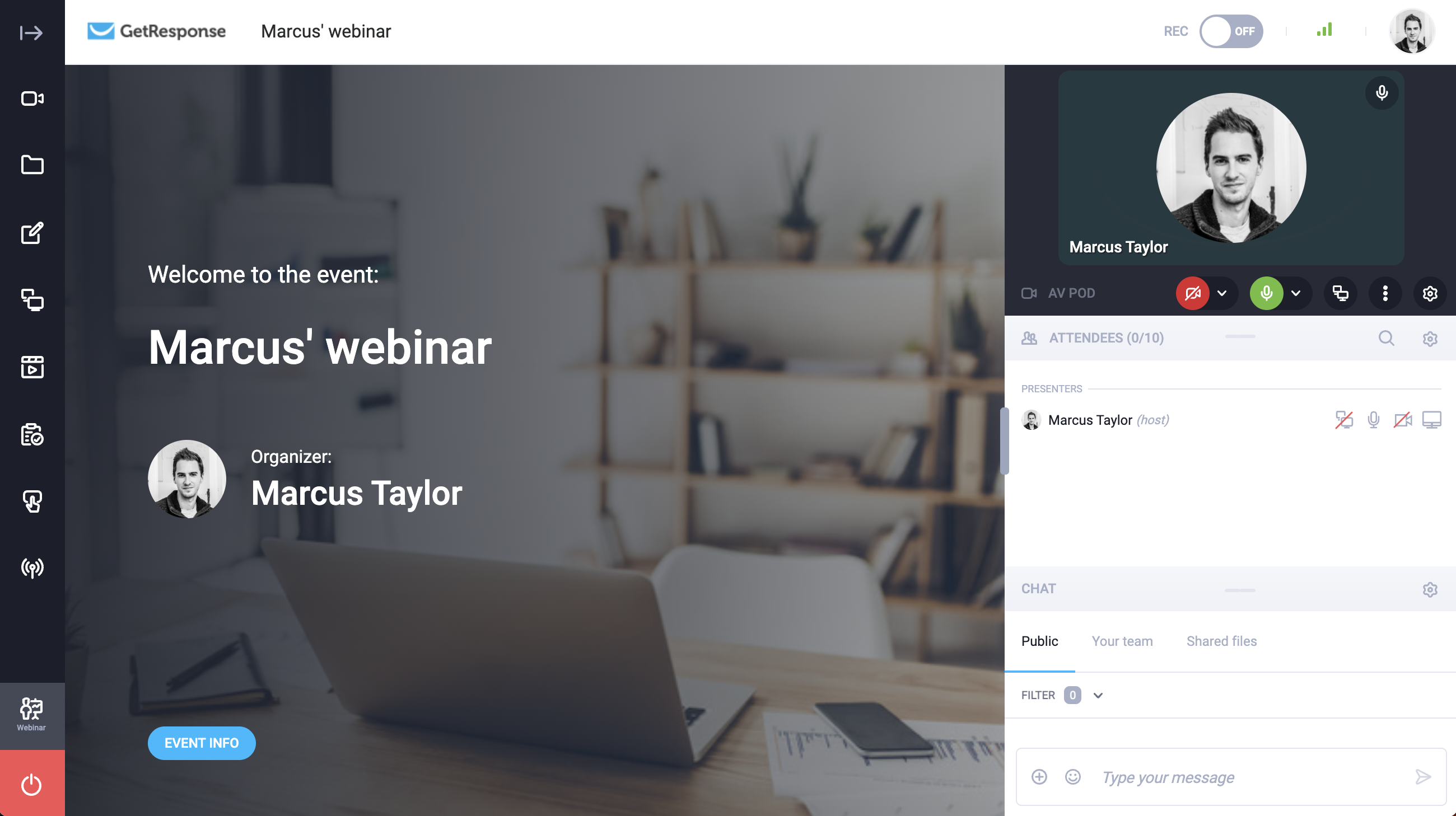 GetResponse's built-in webinar platform showing attendee management, screen sharing, and interactive features