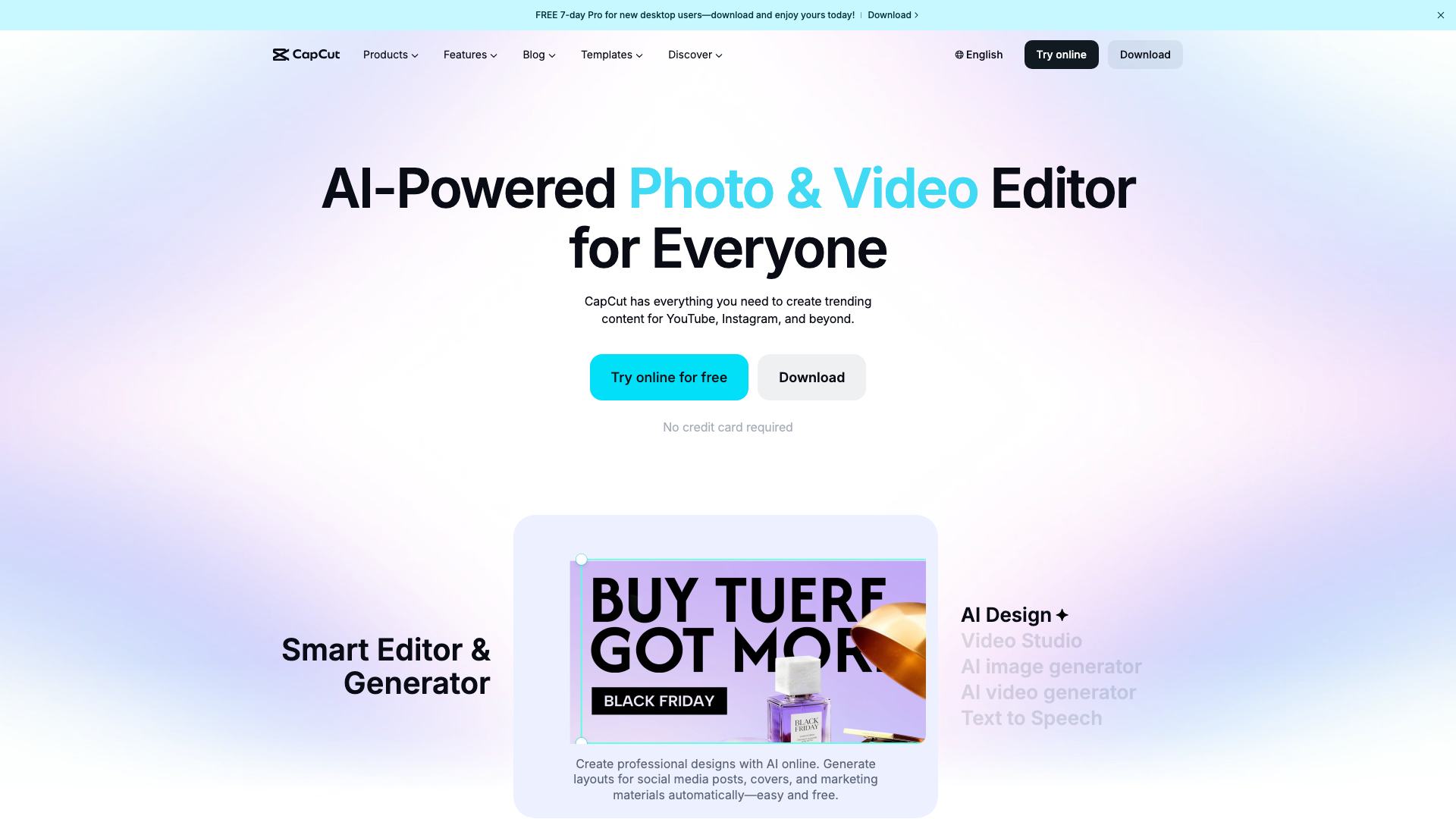 CapCut AI Editor homepage